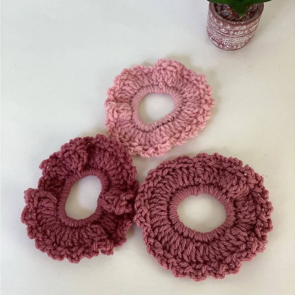 Hair Scrunchy Set Hand Crafted Pink CrochetBoho Messy Bun Ruffle